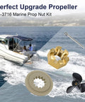 All In One Marine Prop Nut Kit With Spacer And Cotter Pin For Outboard Motors 40 140 HP displayed by boat and ocean scene