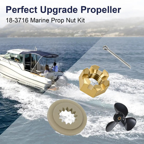All In One Marine Prop Nut Kit With Spacer And Cotter Pin For Outboard Motors 40 140 HP displayed by boat and ocean scene