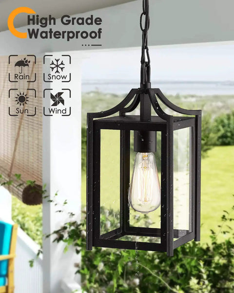 Large 14 Inch Outdoor Pendant Light With Adjustable Chain In Black Exterior Finish And Clear Glass For Porch Foyer Gazebo Patio Dope Modern Hanging Lantern Weatherproof Outdoor Lighting.
