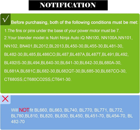 Compatibility notification for Premium Blender Blade Replacement, specifies compatible and incompatible Nutri Ninja models.