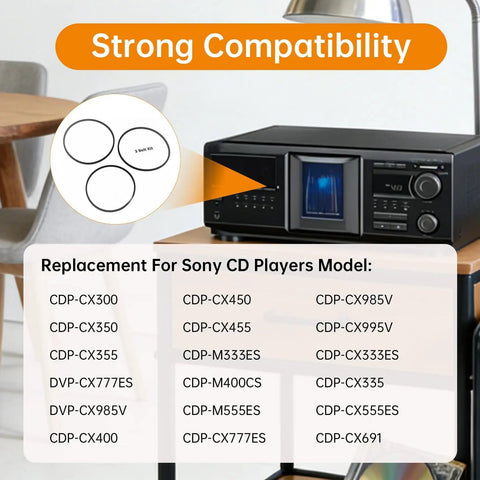 Replacement Belt Kit For Sony CD Players Includes 2 Drive Belts And 1 Door Belt For CDP CX300 CX350 CX355 DVP CX777ES DVP CX985V And Various CX Series Models With Easy Install High Quality. Sony CD player 3-belt kit with model compatibility list
