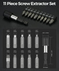 11 Piece Screw Extractor Set With Self Locking Extension Rod Fix Stripped And Damaged Screws Fast The Smart All In One Tool Kit For DIYers And Pros Pro Grade Perfect For Home Projects And Mechanical Work, includes titanium extractors and extension rod, shown with measurements.