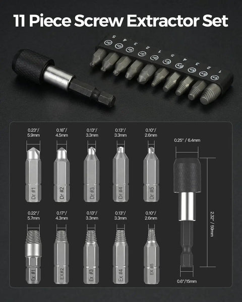 11 Piece Screw Extractor Set With Self Locking Extension Rod Fix Stripped And Damaged Screws Fast The Smart All In One Tool Kit For DIYers And Pros Pro Grade Perfect For Home Projects And Mechanical Work, includes titanium extractors and extension rod, shown with measurements.