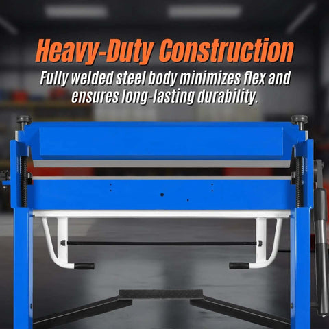 50 Inch Foot Clamp Pan And Box Brake for Light Duty Sheet Metal Folding, blue steel body, foot pedal, 135-degree bend capacity
