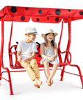 Porch Swing For Two Children With Adjustable Canopy And Safety Belts For All Weather Outdoor Patio Hammock Bench In Red Ladybug Pattern