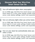 Instructions for using a wireless motion sensor with ambient light detection, detailing settings for bathroom, entryway, and desk lights.