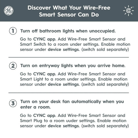 Instructions for using a wireless motion sensor with ambient light detection, detailing settings for bathroom, entryway, and desk lights.