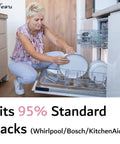 Universal Dishwasher Rack Tine End Cap Replacement 100 Pack Flexible Vinyl woman loading dishes into dishwasher