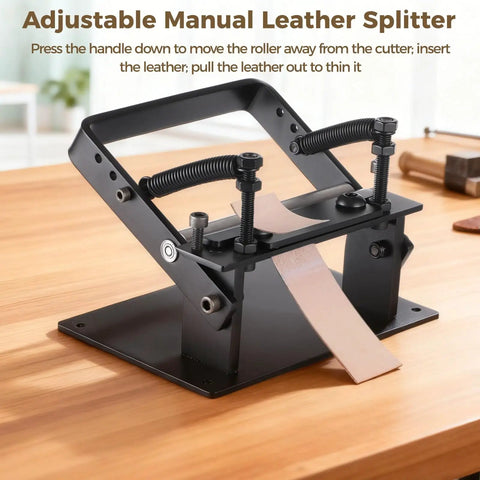 No Sweat Manual Leather Splitter, Top Shelf Stainless Steel Skiver Tool With Precise Thickness Dial, Comes With Ten Tough Swap Blades, Hex Keys, And Mounting Bolts For Smooth Diy Hide Crafting Sessions Black