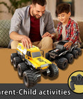 Father and son playing with Amphibious RC Car And Boat For Kids Ages 8 To 12 All Terrain Off Road 2 4G Remote Control Truck.