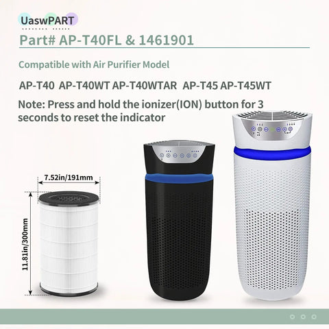 Replacement Filter For 1461901 Air Purifier Compatible With AP-T40 AP-T40WT AP-T40WTAR AP-T45 AP-T45WT shown with air purifiers