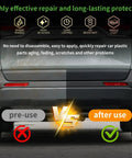 Quick On The Go Black Plastic Restorer For Cars Matte Black Trim Coating shown on rear car bumper pre-use and after use effect