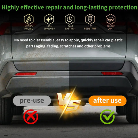 Quick On The Go Black Plastic Restorer For Cars Matte Black Trim Coating shown on rear car bumper pre-use and after use effect