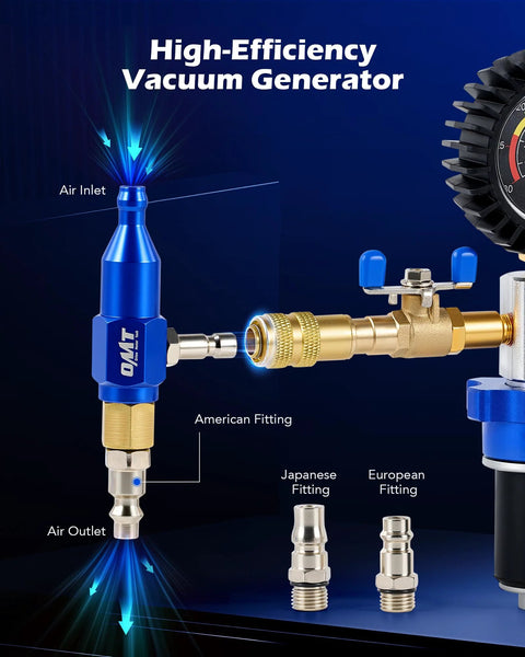 Front view of Orion Motor Tech coolant vacuum refill kit with blue aluminum valve and brass adapters.