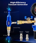 Coolant Vacuum Refill Kit 13 Piece With Conical And Round Adapters, close-up of blue air inlet and various fittings