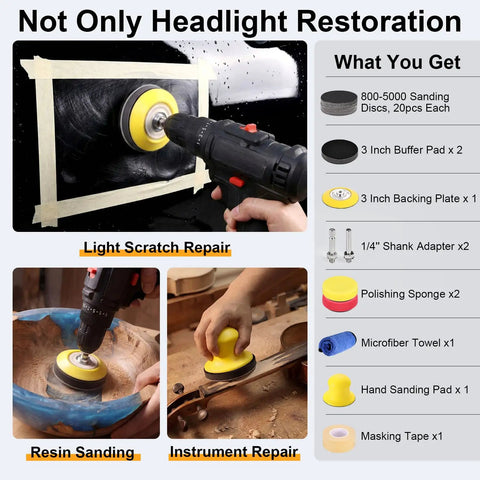 3 Inch Wet Dry Headlight Restoration Kit With Drill Attachment And Polishing All In One Bundle Includes 800 To 5000 Grit Discs