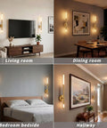 IZOKIN Battery Operated Wall Sconce Set of 2 Peel and Stick with Remote in living room and dining room settings.