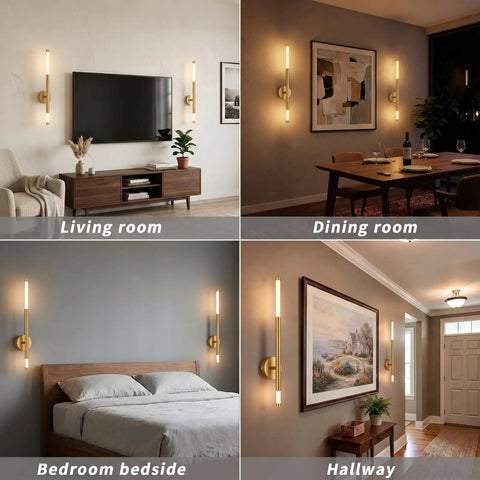 IZOKIN Battery Operated Wall Sconce Set of 2 Peel and Stick with Remote in living room and dining room settings.