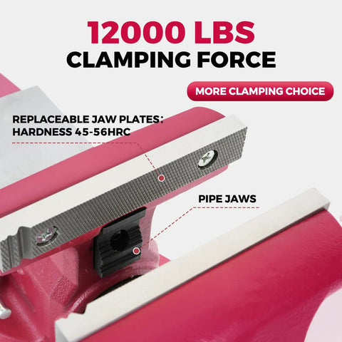 Heavy Duty 5 Inch Bench Vise With Anvil And 360 Degree Swivel Base For The Home Shop, 5 Inch Jaw, 5.5 Inch Opening, 3.5 Inch Throat, Pipe Jaws One Quarter To Two And One Half Inches, Built From Tough Ductile Iron. 12000 lb clamping force, replaceable jaws