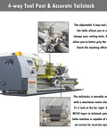 Zero Fuss Operation On This 8X16 Mini Metal Lathe Features A Quiet Gearless Drive And Snap Switch Metric Inch Dialing Perfect For Weekend Hustlers Knocking Out Custom Parts 1100W Benchtop Mill 110V showing the adjustable 4-way tool post for efficient machining.