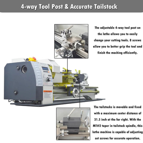 Zero Fuss Operation On This 8X16 Mini Metal Lathe Features A Quiet Gearless Drive And Snap Switch Metric Inch Dialing Perfect For Weekend Hustlers Knocking Out Custom Parts 1100W Benchtop Mill 110V showing the adjustable 4-way tool post for efficient machining.