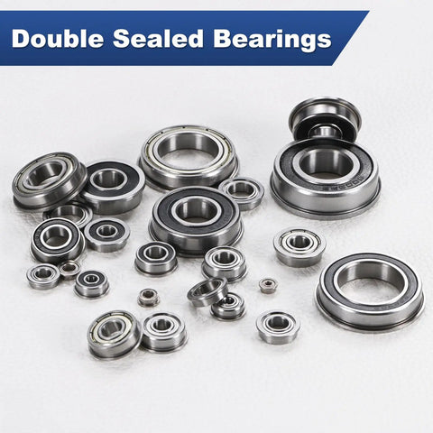 Assorted sizes of double sealed ball bearings on display, including 2 Pack FR8-2RS Flanged Ball Bearings 1/2 x 1-1/8 x 5/16 In Double Rubber Shielded Chrome Steel GCr15 Heavy Duty Workhorse For Wheelbarrows Printers Fax Machines Power Tools DIY Projects And Industrial Use, emphasizing heavy-duty applications.