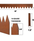 Pre Rusted Cor Ten Steel Landscape Edging Kit With No Dig Hammer In Lawn Border Heavy Duty Metal Edging Panels 40 Inch Long 6 Pack Includes 7 Clamps And Gloves For Quick Easy Yard Borders, showing dimensions and thickness details.