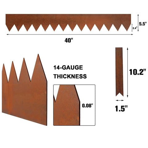 Pre Rusted Cor Ten Steel Landscape Edging Kit With No Dig Hammer In Lawn Border Heavy Duty Metal Edging Panels 40 Inch Long 6 Pack Includes 7 Clamps And Gloves For Quick Easy Yard Borders, showing dimensions and thickness details.