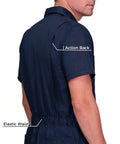 Heavy Duty Short Sleeve Coveralls For Men Work Jumpsuit Navy Cotton Polyester Blend featuring elastic waist and action back details.
