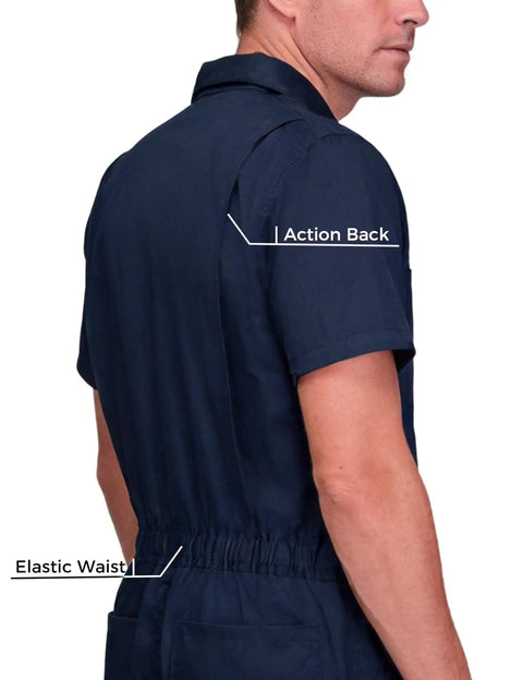 Heavy Duty Short Sleeve Coveralls For Men Work Jumpsuit Navy Cotton Polyester Blend featuring elastic waist and action back details.