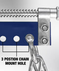 Close-up view of Beefy Steel Engine Leveler With Adjustable Handle, showing 3 position chain mount holes, blue color.