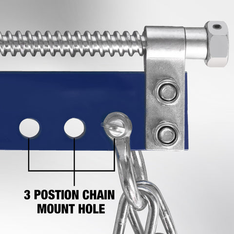 Close-up view of Beefy Steel Engine Leveler With Adjustable Handle, showing 3 position chain mount holes, blue color.