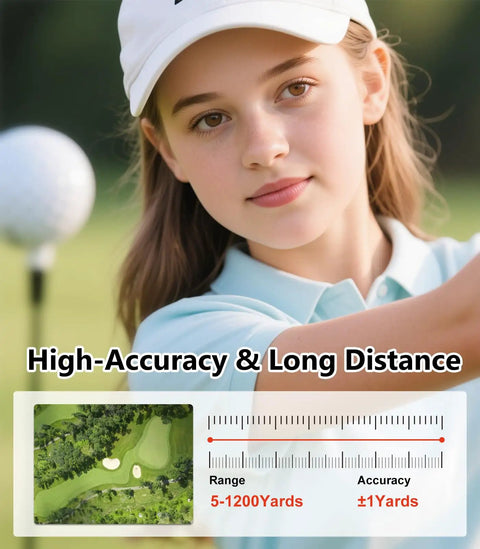 Golfer using Range Finder With Slope For Golf Up To 1200 Yards 6x Magnification Flag Lock Vibration Continuous Scan Rechargeable Battery