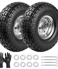 10 Inch Heavy Duty Solid Flat Free Tire And Wheel Set For Carts And Hand Trucks, 4.10/3.50-4, 5/8 Inch Axle Bore, 2 pack with accessories