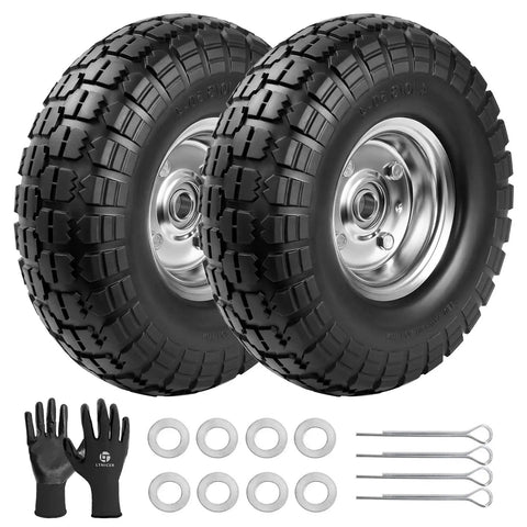 10 Inch Heavy Duty Solid Flat Free Tire And Wheel Set For Carts And Hand Trucks, 4.10/3.50-4, 5/8 Inch Axle Bore, 2 pack with accessories