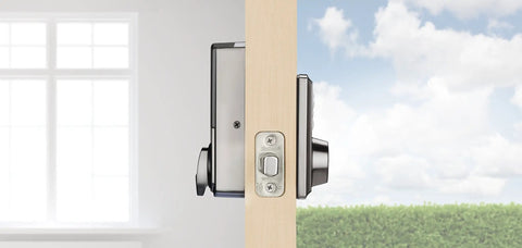 Side view of SmartCode 888 Smart Lock With Touchpad And Electronic Deadbolt Z Wave Plus in satin nickel on a door