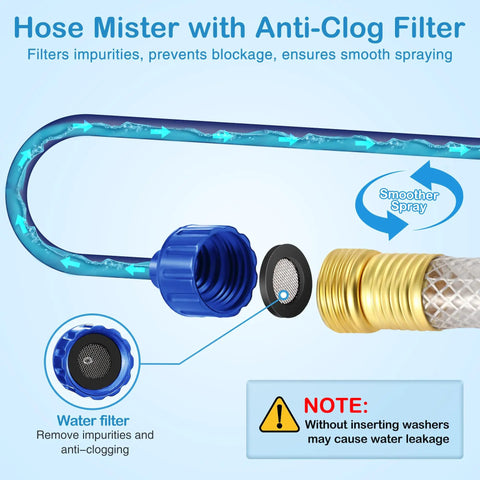 Close-up of 60 Inch Outdoor Misting System For Patio And Garden Cooling Flexible Hose Mister With Portable Stand Water Mist filter.