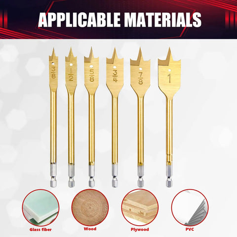 Flat Wood Spade Drill Bit Set Six Piece Paddle Bits From Three Eighths Inch To One Inch For Wood And Fiberglass