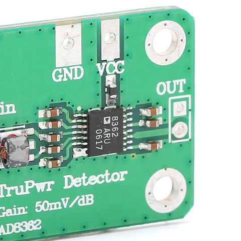 Close-up view of RF Detector Module AD8362 50Hz-3.8GHz Wideband RF Power Monitor on green PCB with screw connector