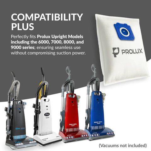 Four upright vacuum cleaners 6000-9000 series beside a Six Pack HEPA Bags And Two Post Filters For Upright Vacuum Cleaners kit.