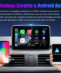 Car display showing Wireless CarPlay & Android Auto setup in Mazda, featuring smartphones with CarPlay and Android Auto apps.