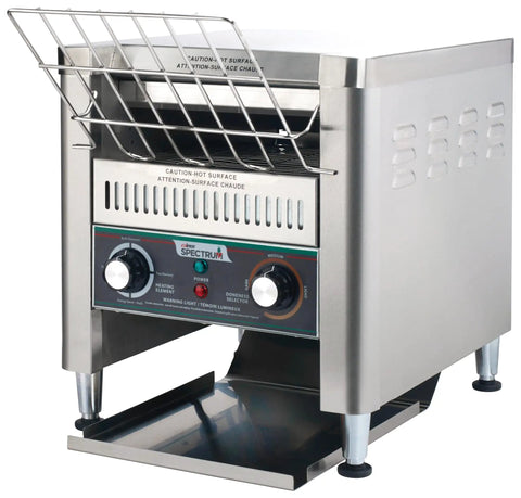 Front view of High Speed Commercial Conveyor Toaster ECT 300 with adjustable speed dial, dual heating elements, stainless steel body