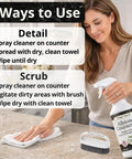 Woman using AllStone Countertop Cleaner Plant Based Stone Safe Daily Use Spray with Scrub Brush on kitchen counter