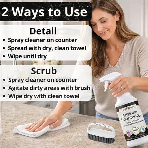 Woman using AllStone Countertop Cleaner Plant Based Stone Safe Daily Use Spray with Scrub Brush on kitchen counter