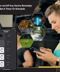 Woman using phone to control Heavy Duty Outdoor Power Strip With Wifi Control for yard devices smartly with Alexa and Google.