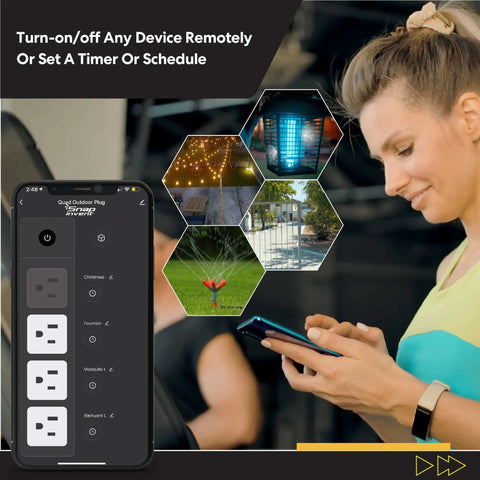 Woman using phone to control Heavy Duty Outdoor Power Strip With Wifi Control for yard devices smartly with Alexa and Google.