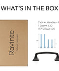 Box contents including 10 matte black arch design 3 inch square cabinet pulls, screws for installation