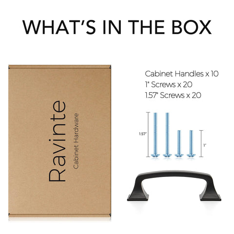 Box contents including 10 matte black arch design 3 inch square cabinet pulls, screws for installation