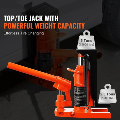 Heavy Duty 10 Ton Hydraulic Toe Jack For Pickup Trucks And Vans With Seamless Steel Frame Built Different And Hella Stable For Gritty Garage Sessions All Day - orange top/toe jack with weight capacity labels.