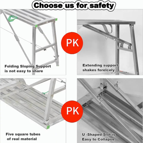 Heavy Duty Foldable Scaffold Ladder With Sure Footing Steps Adjustable Height Work Platform Tower Stool Built Like A Tank For Welding And Crew Jobs Rated Eight Eighty Pounds detailed view of sturdy folding design and sloping support features.